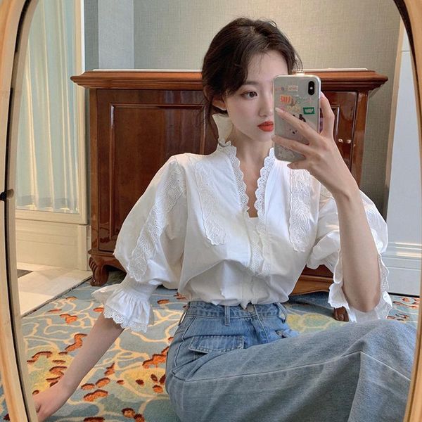 

women's blouses & shirts princess queen look white blouse crochet hollow out lace ruffles puff sleeve women shirt chemise femme blusa