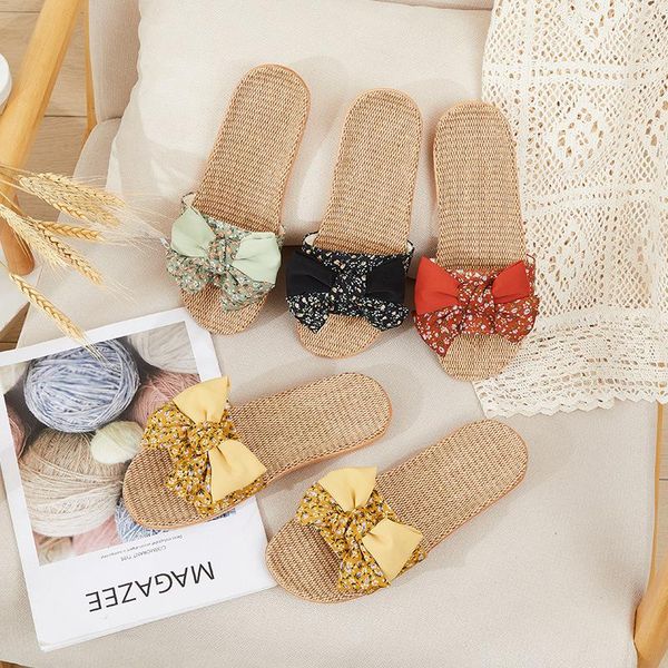 

slippers summer women flax cute bow design light weight lady indoor slides non-slip comfortable female open toe casual shoes, Black