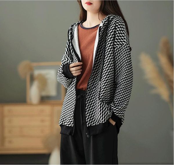 

women's jackets women 2021 autumn casual loose retro panelled coat ladies hooded zipper pocket all-match, Black;brown