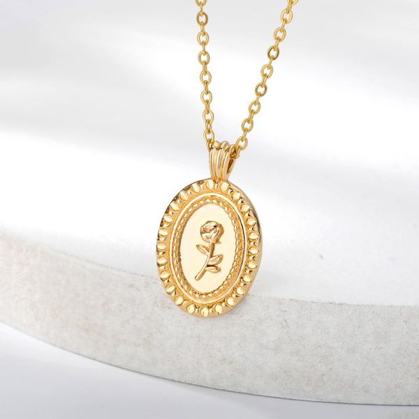

pendant necklaces oval rose flower for women girls gold silver color stainless steel neck chain female necklace jewelry collier