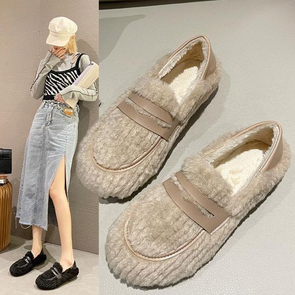 

slippers loafers soft shoes shallow fur flip flops winter footwear flock comfort plush flat basic rubber with retro short, Black