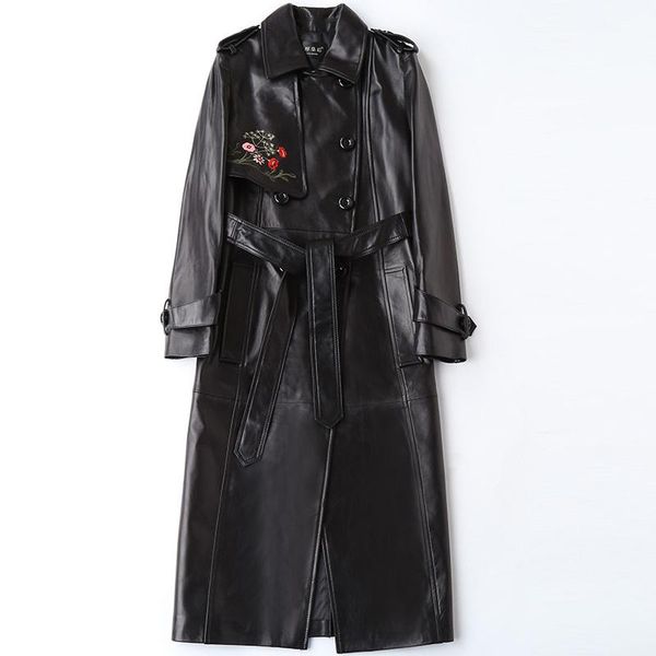 

women's leather & faux genuine autumn winter jacket women real sheepskin female embroidery korean trench coat hq18-dlf5809a y1924, Black