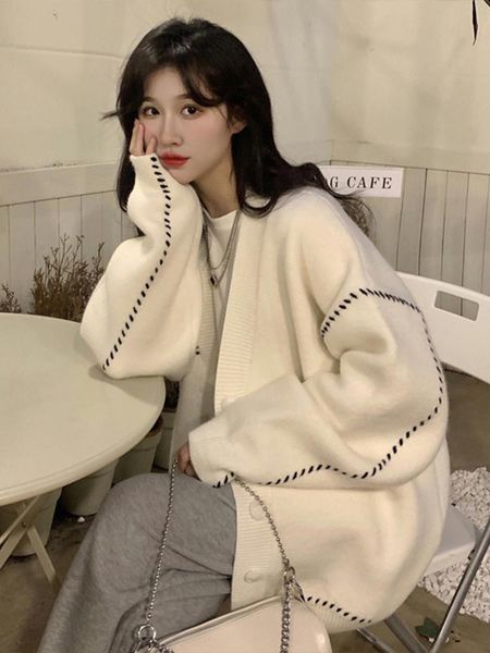 

women's sweaters white sweater cardigan loose wear winter lazy coat 2021 design sense knitted top, White;black
