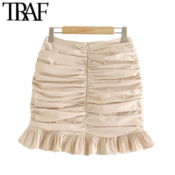 

traf women chic fashion appliques ruffled pleated mini skirt vintage high waist back zipper female skirts mujer 210323, Black