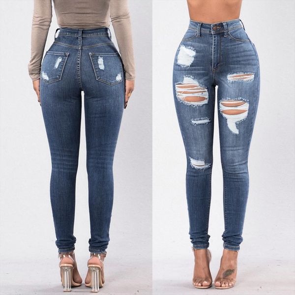 

denim ripped hole stretch womens jean plus size full length pencil pants lady high waisted skinny dinsai t4, Blue