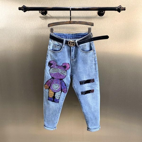 

women's jeans women harem pants 2021 spring autumn loose straight denim trousers drilling bear casual students all-match, Blue