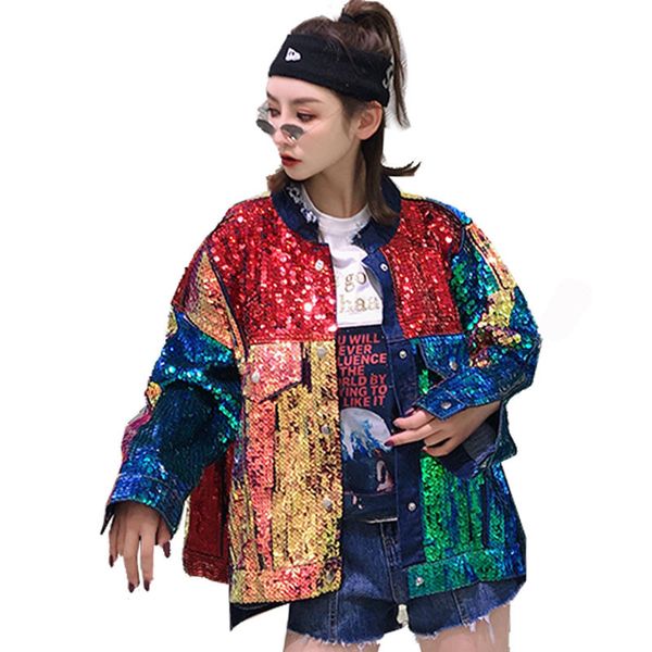 

women's jackets qing mo color block sequin jacket women patchwork denim loose cowboy coat spring hip hop zldm065 dqvi, Black;brown