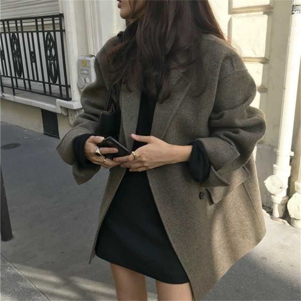 

women winter elegant short cashmere overcoat wool coat loose long sleeve double breasted parka oversized chic cloak 211022, Black