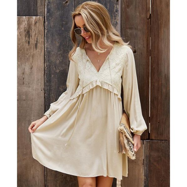 

casual dresses khalee yose elegant vintage mini dress long lantern sleeve women autumn v-neck floral ruffles loose ladies chic, Black;gray