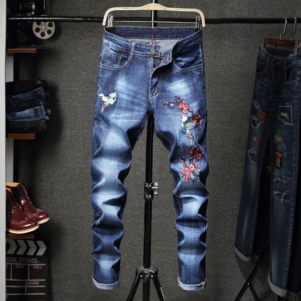 

fashion jeans men's wash embroidery stretch pants fall / winter 2021, Blue