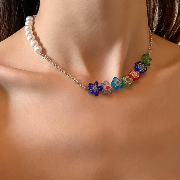 

chains ingemark fashion flower simulated pearls choker necklace boho jewelry asymmetric neck chain for women colar accessories, Silver