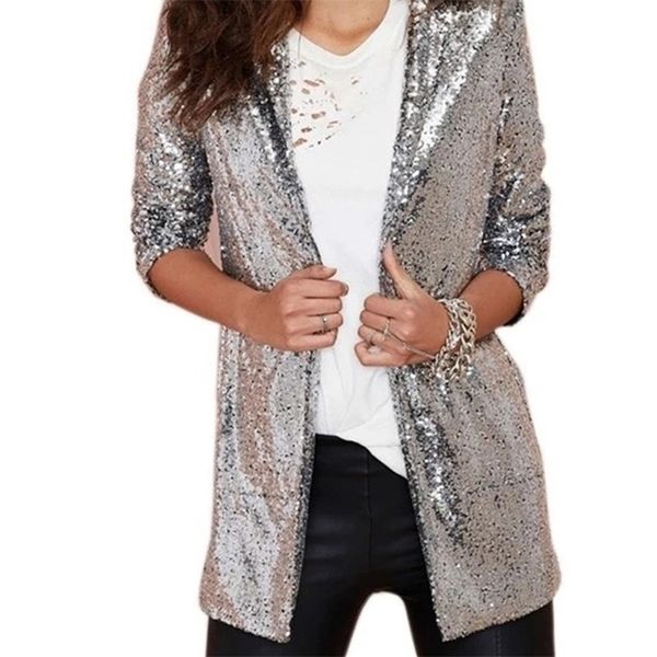 Frühling Frauen Pailletten Blazer Jacke Gold Bling Silber Schwarz Langarm Elegant Anzug Mantel Nachtclub Glitter Shiny Punk Outwear 211019