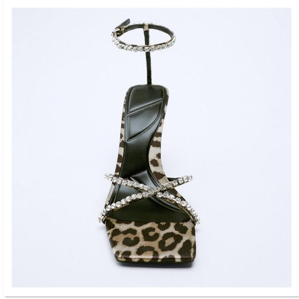 

female sandal cross leopard print shoes large size high heels 2022 summer girls rhinestone big high-heeled comfort stiletto fabr, Black