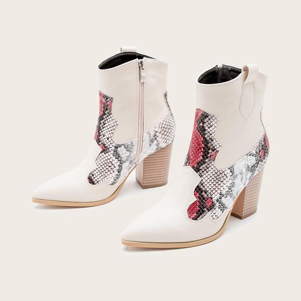 

boots snake print women's ankle women pointed toe pumps woman zip high heels autumn winter ladies leather footwear female shoes, Black