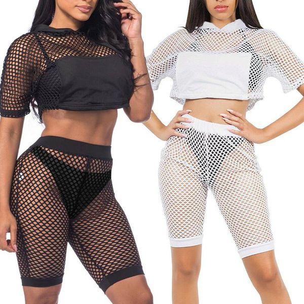 

summer women shorts sleeve see-through mesh fishnet crop with 2pcs beach bikini cover ups clothes set one-piece suits