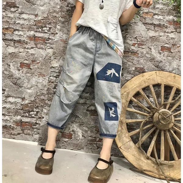 

women's jeans summer arts style women elastic waist loose calf-length pants vintage printing cotton denim harem v297 aaa4, Blue