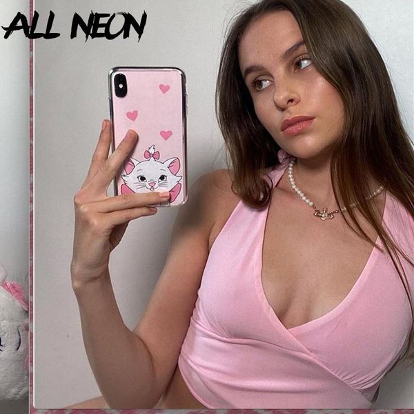 

women's tanks & camis allneon 2000s aesthetics pink criss-cross halter crop y2k fashion deep v backless vests streetwear e-girl sleeve, White