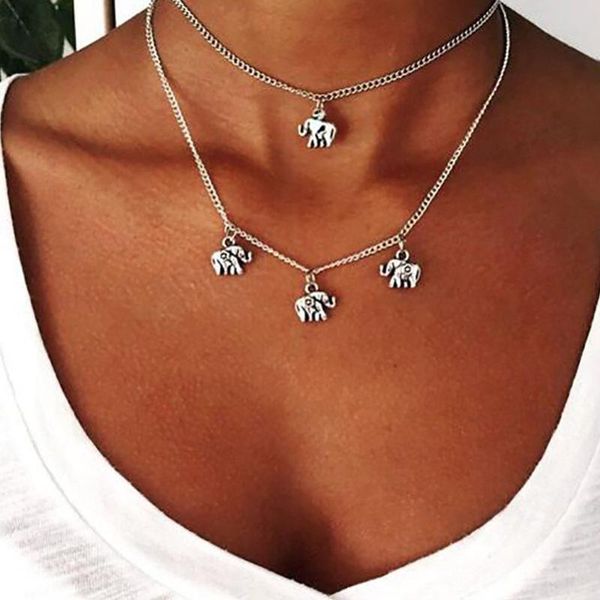 Collane con ciondolo Moda femminile retrò Piccolo elefante Semplice colore argento Catena a doppio strato Collana di gioielli della Boemia per le donne