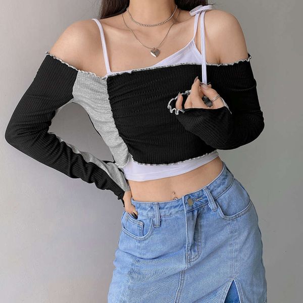 

women's sweaters sweater amy way one line shoulder cover up two piece t-shirt with pleated contrast and exposed collarbone long sleeves, White;black