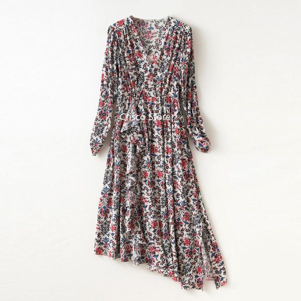 

casual dresses women dress spring/summer 2021 printed v-neck asymmetric cut silk long, Black;gray