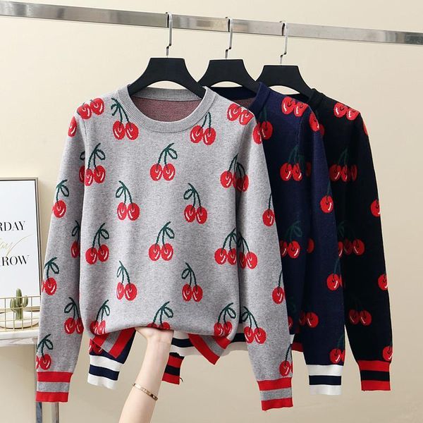 

sweet preppy style cherry womens sweaters jacquard knitted pullover and autumn winter clothes women long sleeve o neck ladies jumper, White;black