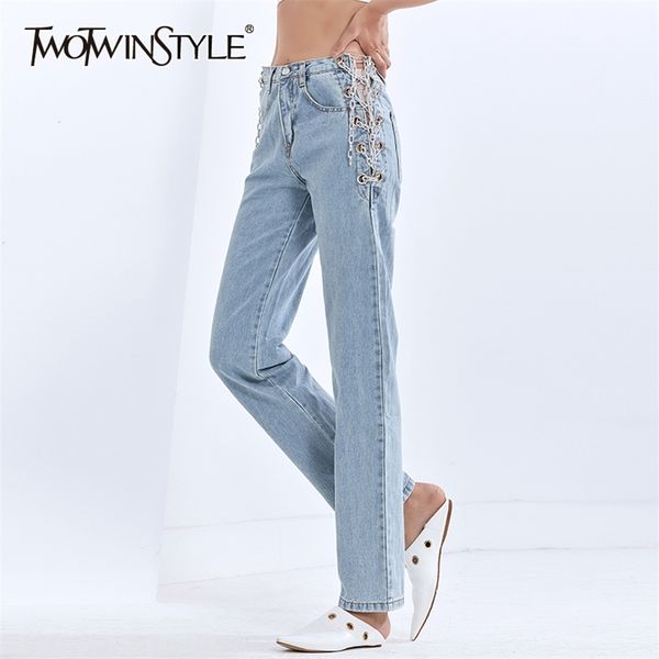 

chain jeans for women high waist hollow out straight vintage casual blue denim pants female fashion clothing 210521