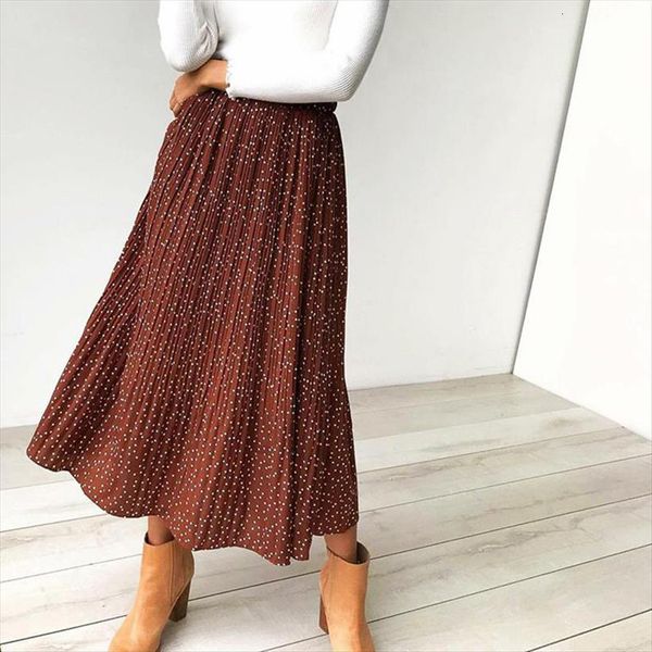 

white dots floral print pleated women skirt midi elastic high waist side pockets skirts summer elegant female bottom, Black