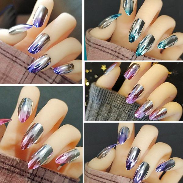 

false nails 24pcs/kit mirage reflective mirror light soft metal plating french nail tips metallic point fake artificial extensio, Red;gold