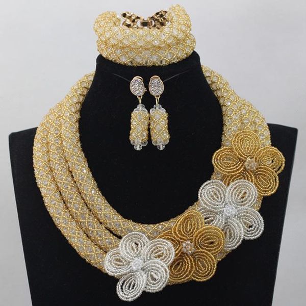 

earrings & necklace arrival champagne african crystal costume flower brooch set clear white beaded women party jewelry cba021, Silver