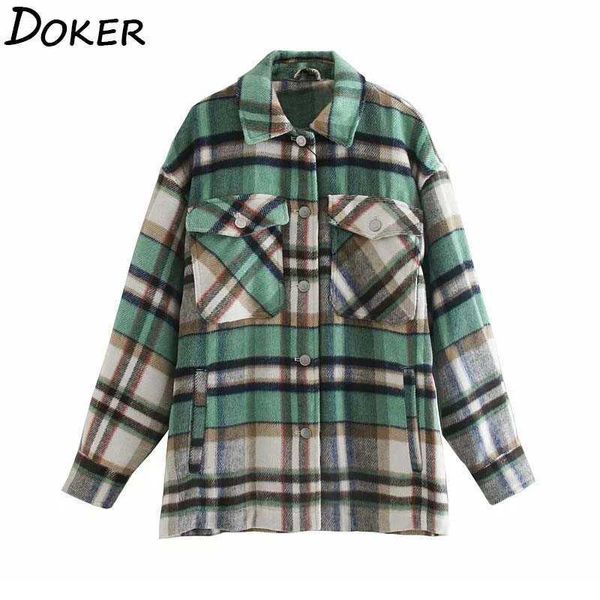 

vintage plaid jacket coat women spring autumn long sleeve fashion pockets ladies jackets streetwear oversized outerwear 210603, Black;brown