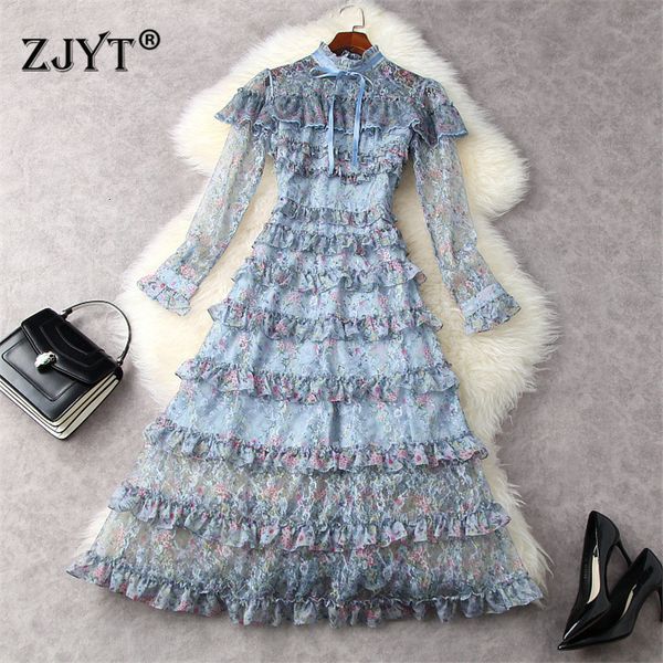 

two piece dress runway fashion long floral sleeve frilly printed on layers dressed in spring robes elegant princess party dress v1te, White
