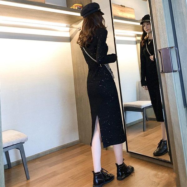 

dress women's wear small long sleeve bottomed in autumn and winter 2021 black fashion casual dresses, Black;gray