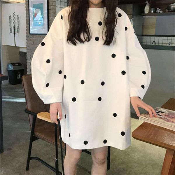 

casual dresses french girl lantern sleeve mini dress 2021 women o neck retro dot printed fashion loose tunic shirt vestidos, Black;gray