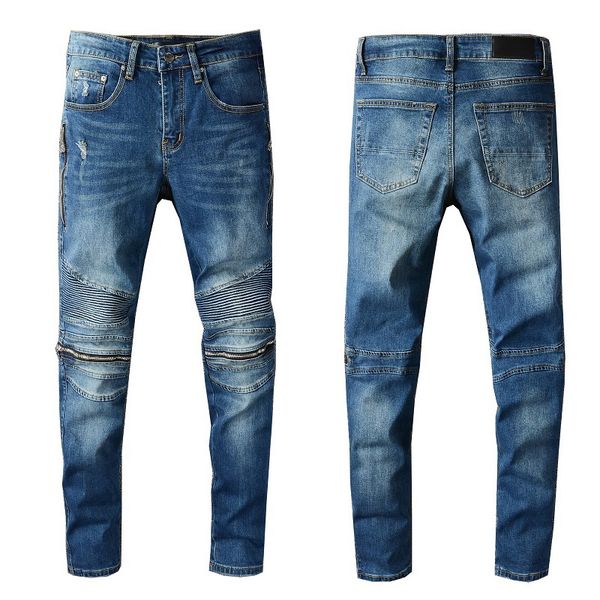 

men's designer jeans punk style blue distressed zipper jeans slim slimming trousers