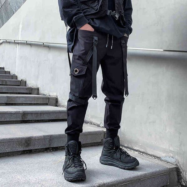 

men's pants 2021 hip hop cargo pockets streetwear harajuku joggers hiphop ribbions harem fashion casual trousers yk00, Black
