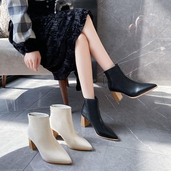 

boots autumn winter thicken high heels ankle zapatos de mujer fashion pointed toe black pu leather women shoes botas