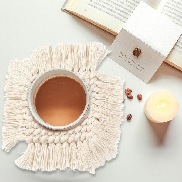 

handwoven cup pad heat insulated coasters with tassels coffee decor square mat for home room office decoration mats & pads