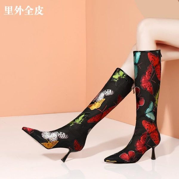 

boots women pointy toe embroidery floral butterfly printed mesh knee thigh high sandals stilettos heel shoes real leather, Black