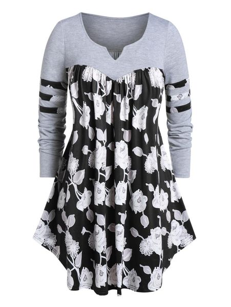 

women's t-shirt plus size floral print curved tunic, White