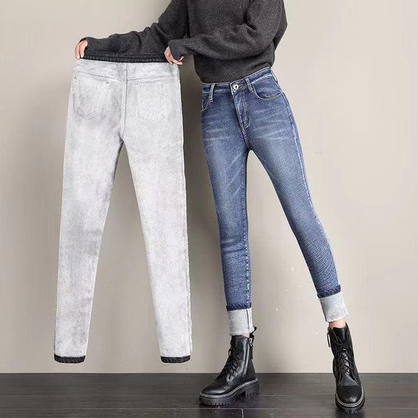 

women's jeans winter warm velvet skinny female high waist thicken fleece denim pencil pants streetwear slim stretch trousers, Blue