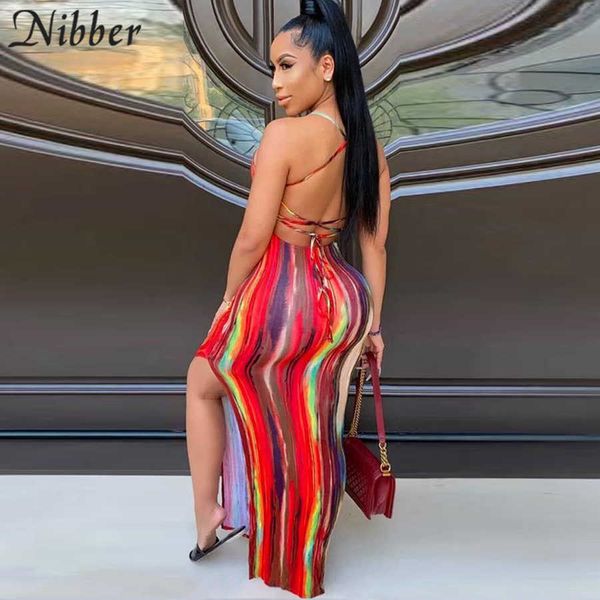 Nibber Damen Bohemian Beach Style Hot Sexy Low-Cut Langes Kleid mit einzigartigem Print Split Legs und Summer Outing 2021 Y0823