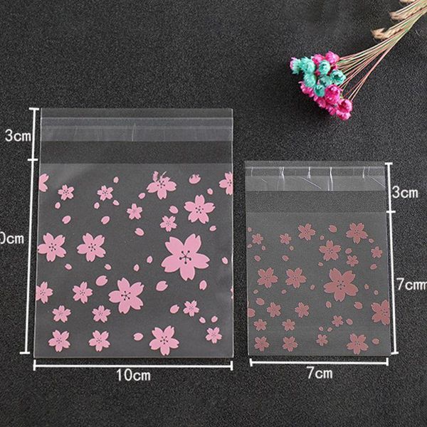 

100pcs/set lovely sweet pink cherry blossoms printed cookie candy bag self-adhesive plastic biscuits snack baking package holder gift wrap