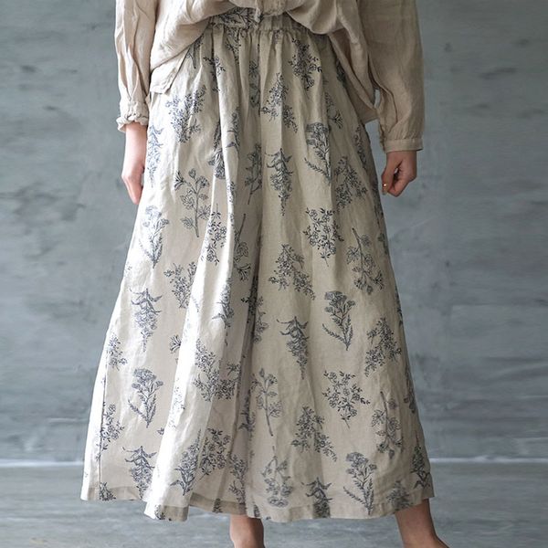 

johnature summer retro floral print elastic waist cotton linen wide leg pants loose comfortable all-match women pants 210521, Black;white