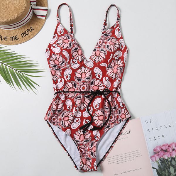 

swimsuit female women swimwear deep v bandage floral print brazilian bikini swimming suit high cut monokini 210520, White;black