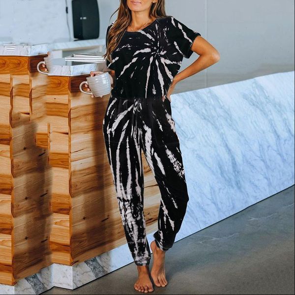 

fashion set tie dye women sleepwear leisure short sleeve pajama nightwear shorts homewear, Black;red