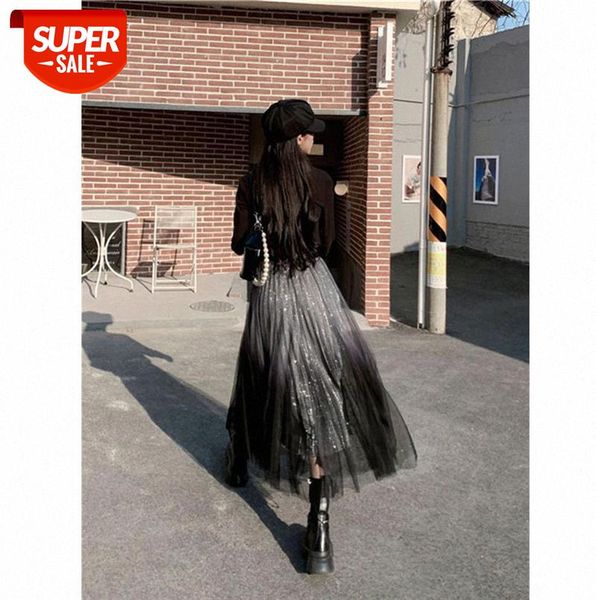 

net celebrity same paragraph glitter skirt women's early korean style high waist gradient a-line gauze #iz64, Black;gray