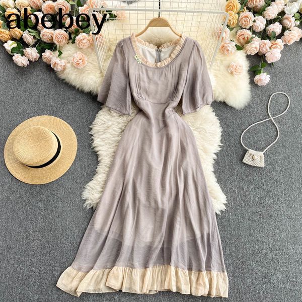 

casual vacation long dress women puff sleeve o neck a-line spring elegant fashion streetwear 210512, Black;gray