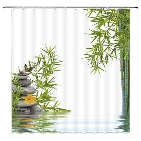 

shower curtains green bamboo spring plant flower butterfly scenery bathroom decor polyester fabric home bath bathtub cloth