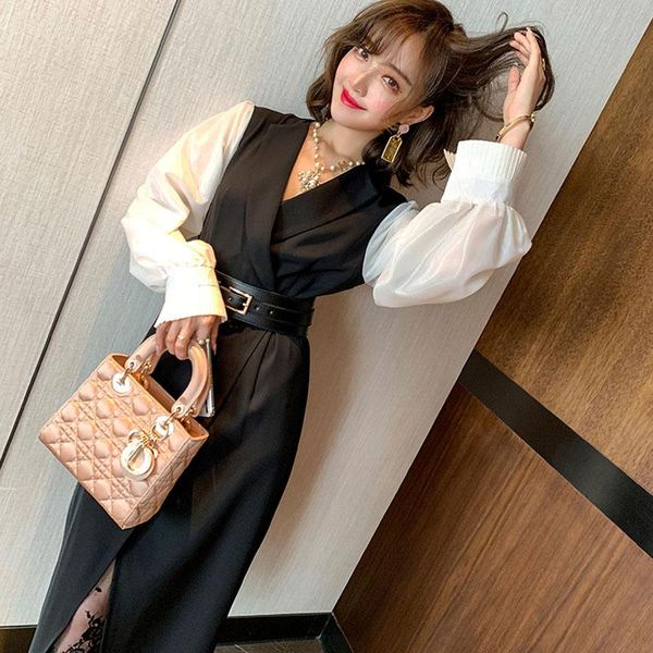 

celebrity temperament female autumn dress korea fashion flare sleeve v-neck lace patchwork split belt casual dresses, Black;gray
