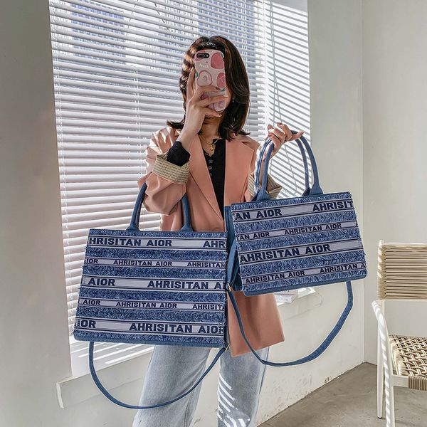 

2021 new korean fashion denim letter one shoulder tote canvas messenger handbag bags